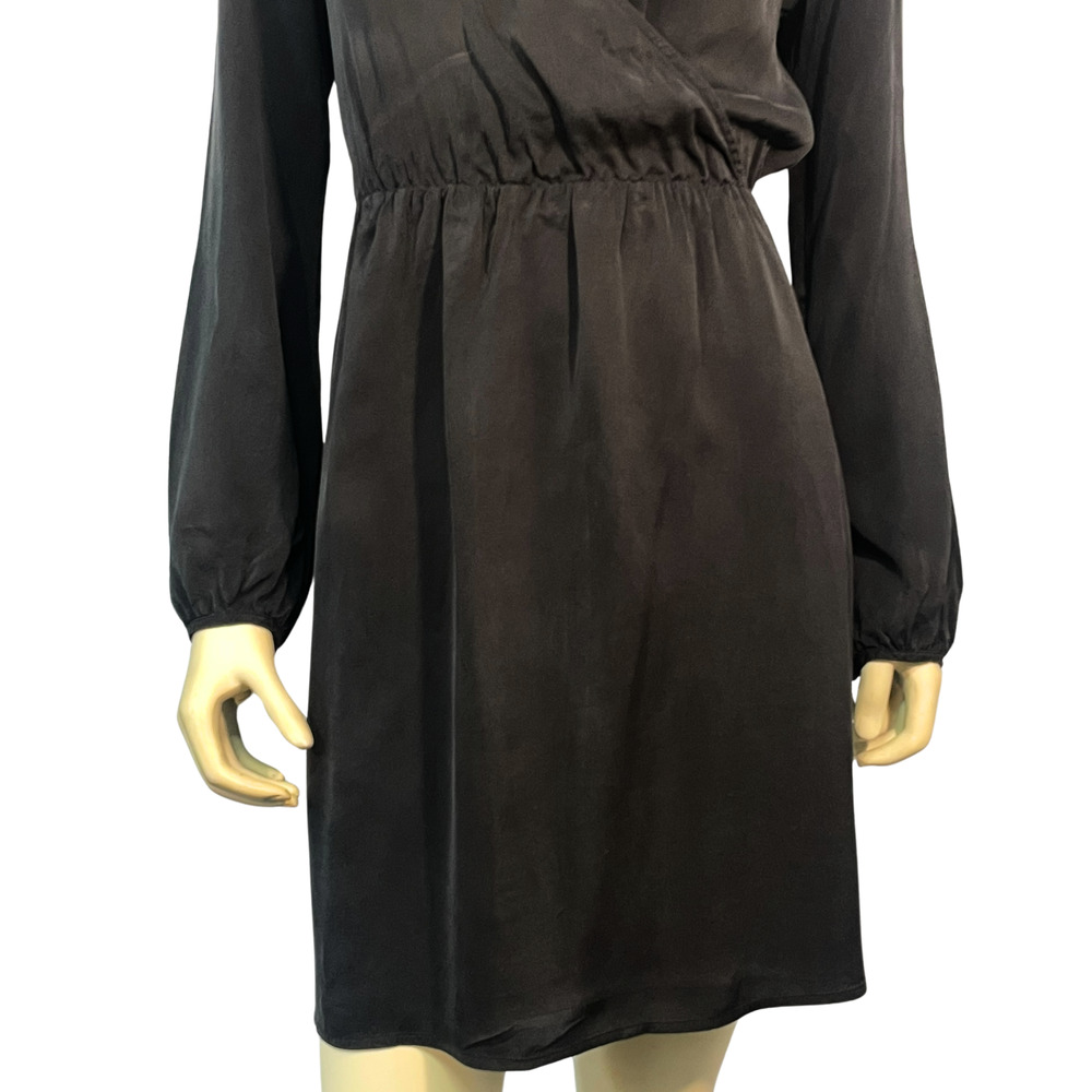 Theory Sz L Liev Wrap Dress Long Puff Sleeve V-Neck Black Cicero Silk Minimalist - Picture 5 of 9